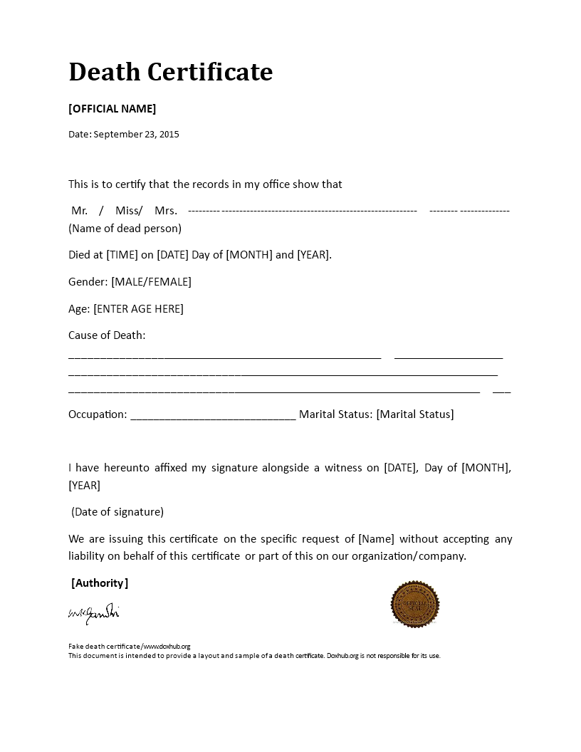 Kostenloses Death Certificate In Fake Death Certificate Template
