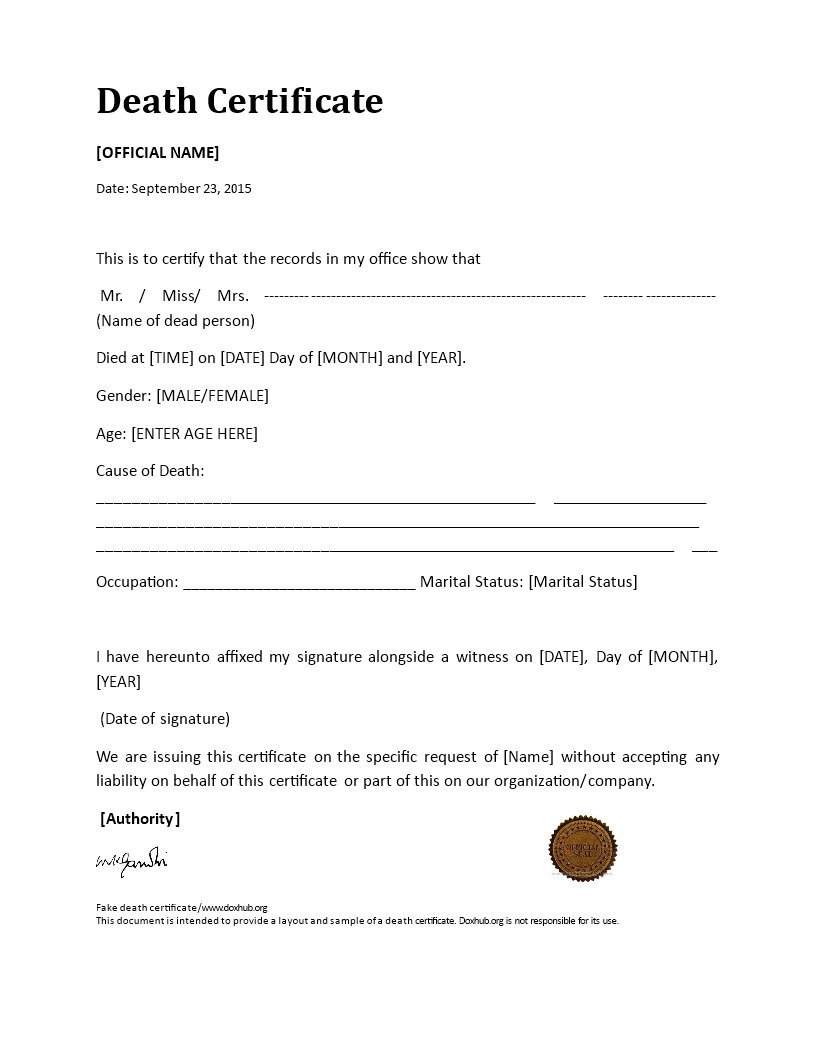 death certificate voorbeeld afbeelding 