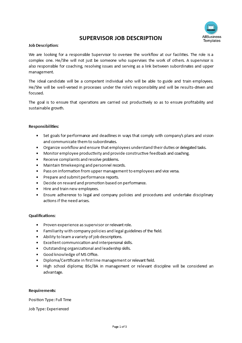 Supervisor Job Description main image