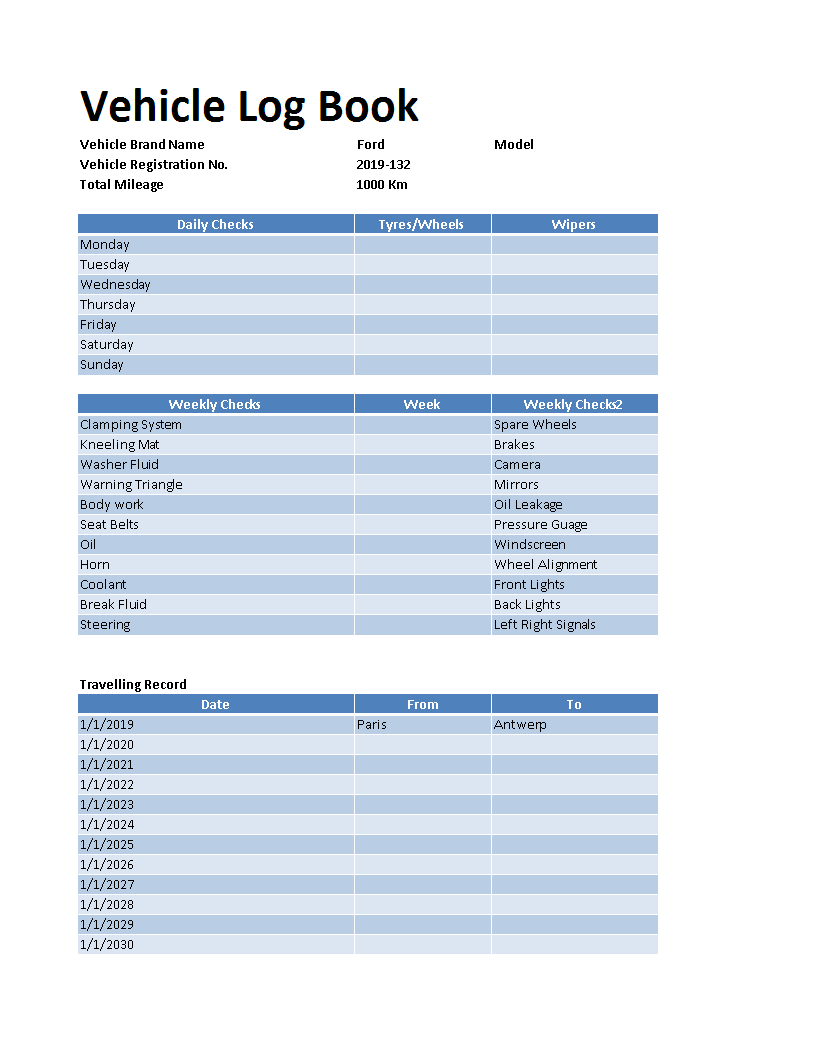 Vehicle Log Book Excel 模板