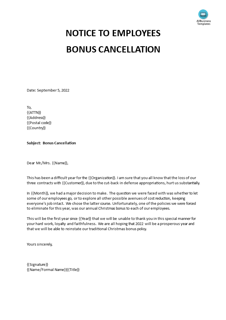 notice to employees of bonus cancellation voorbeeld afbeelding 
