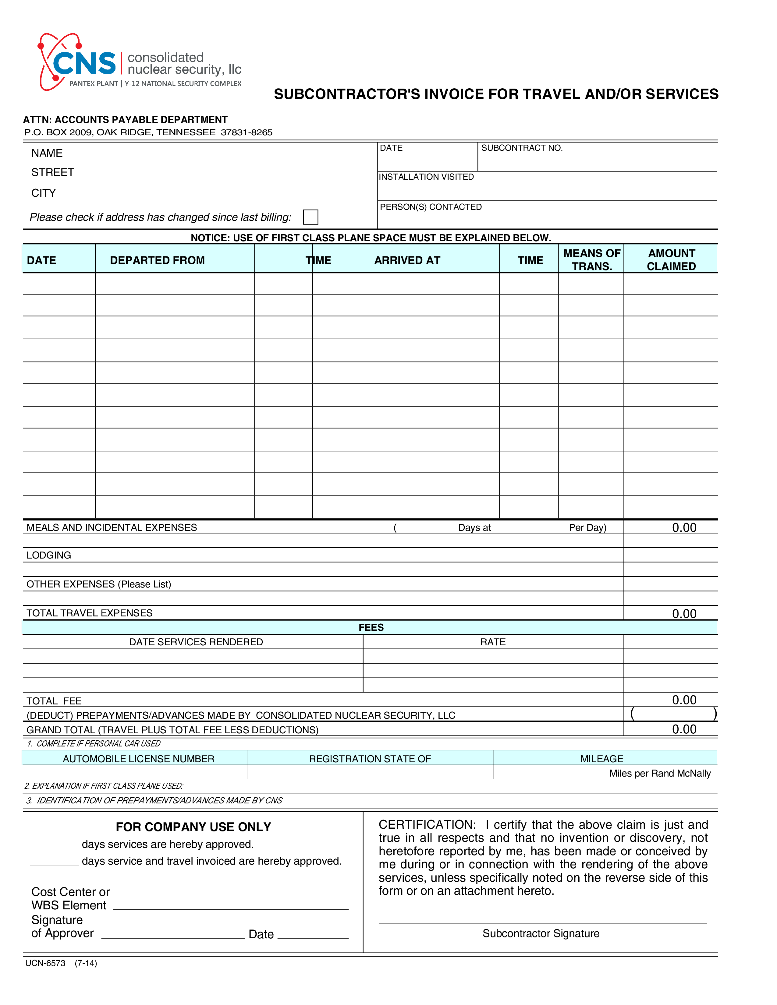 Kostenloses Subcontractor Invoice For Travel And/Or Services