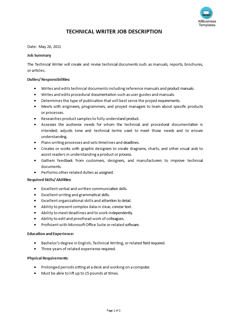 technical writer job description modèles