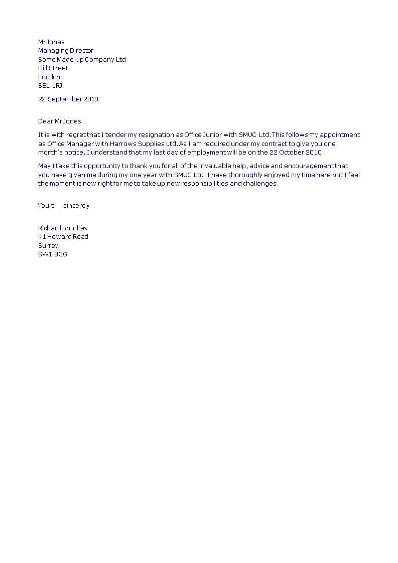 formal resignation letter office junior position template