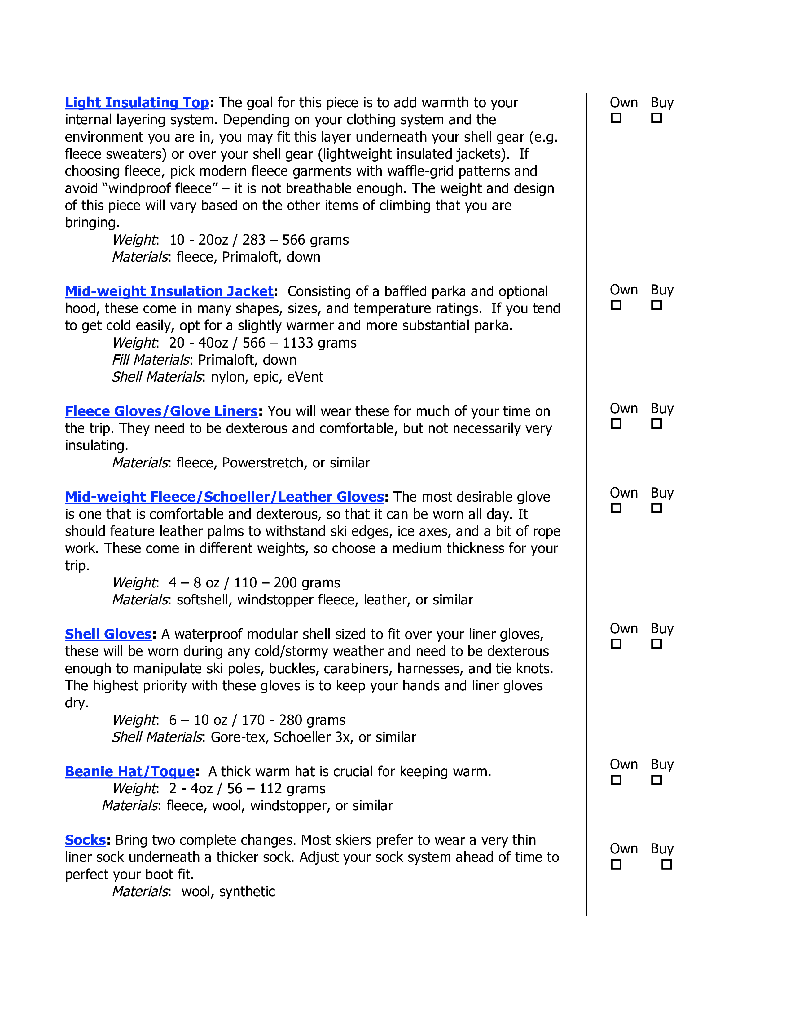 Skiing and Ski Mountaineering Equipment List Templates at