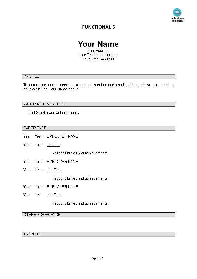 functional resume template voorbeeld afbeelding 