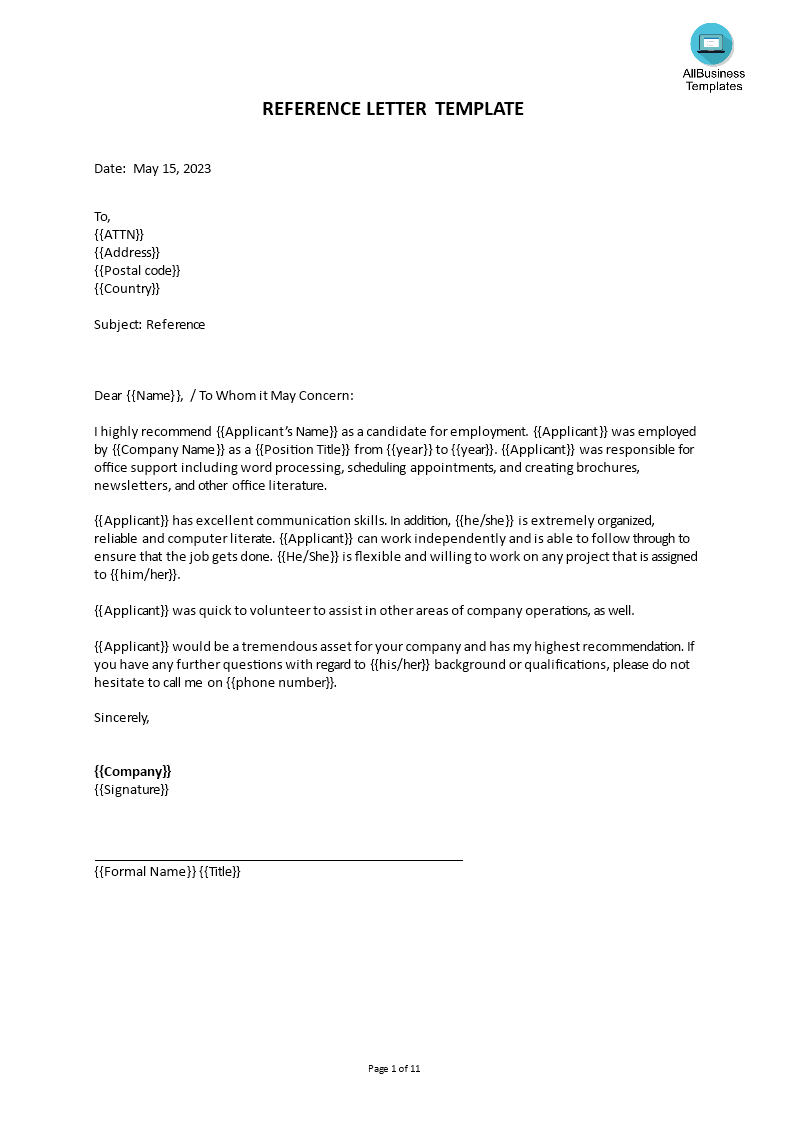 professional personal reference letter template