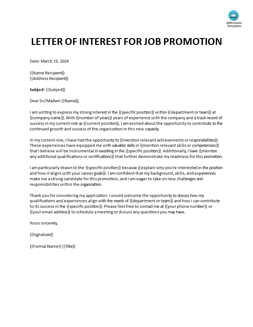 Letter Of Interest For Job Promotion  Templates at