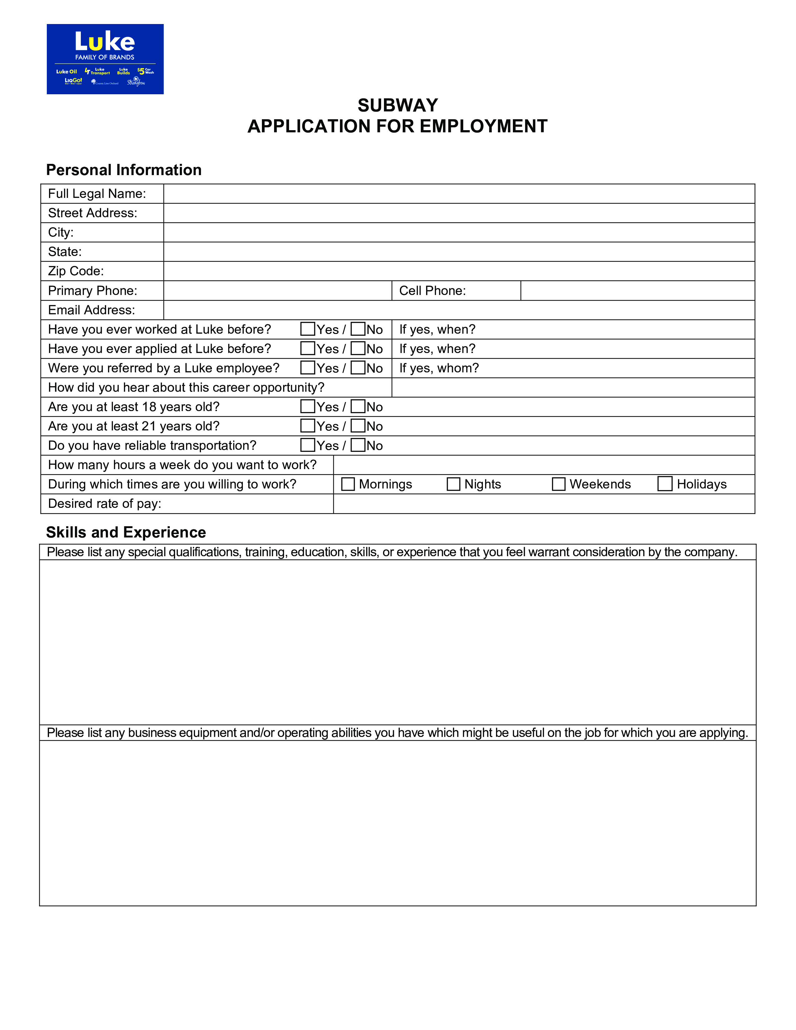 Printable Subway Application Sheet 模板