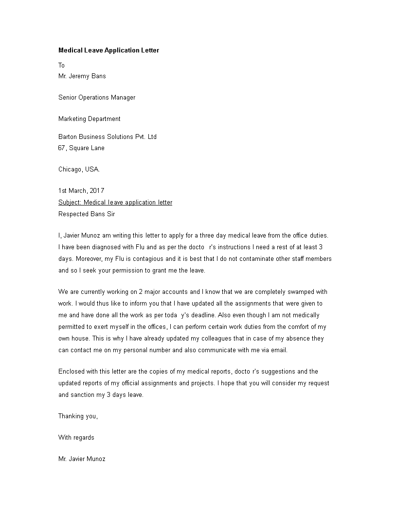 medical leave application letter template template