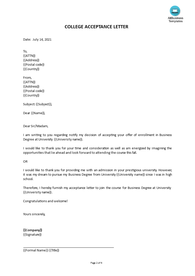 sample letter of acceptance of admission offer Hauptschablonenbild