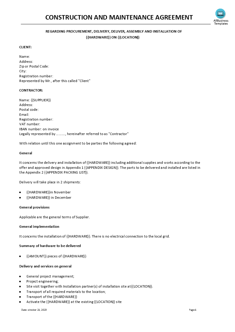 construction and maintenance agreement template