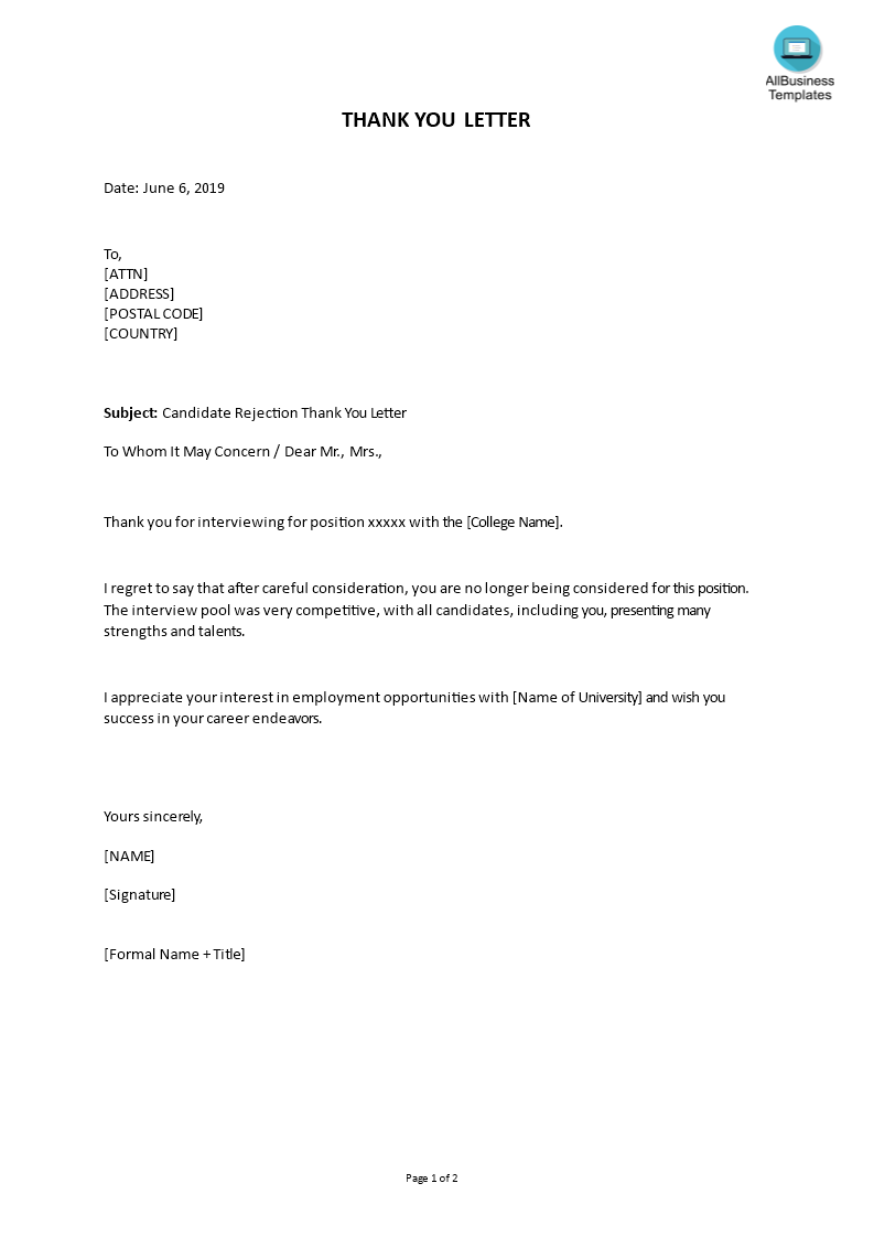 candidate rejection thank you letter template