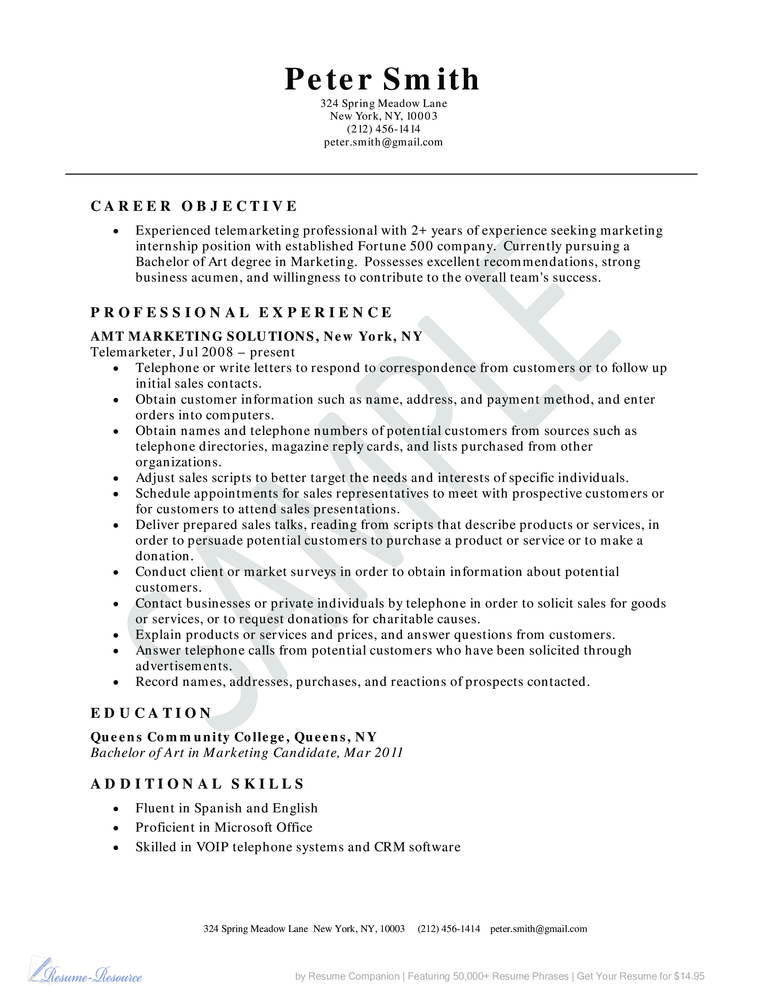 telemarketer resume example Hauptschablonenbild