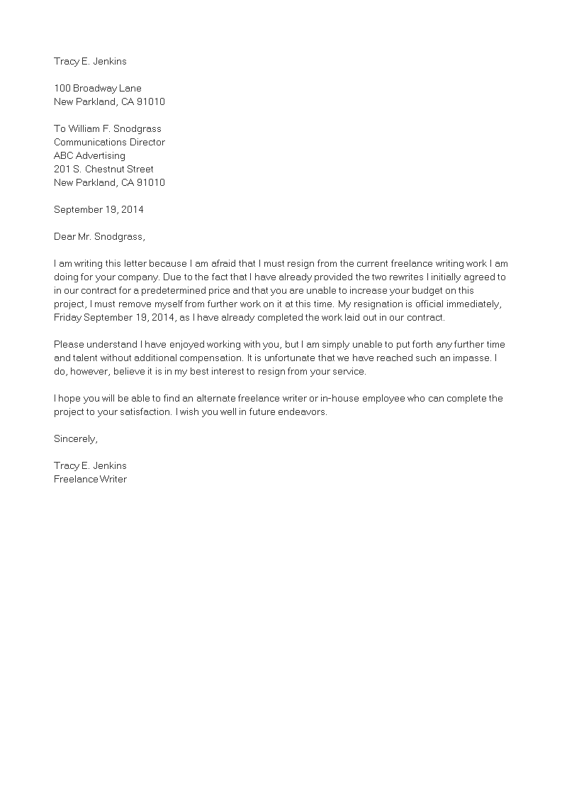 official independent contractor resignation letter template