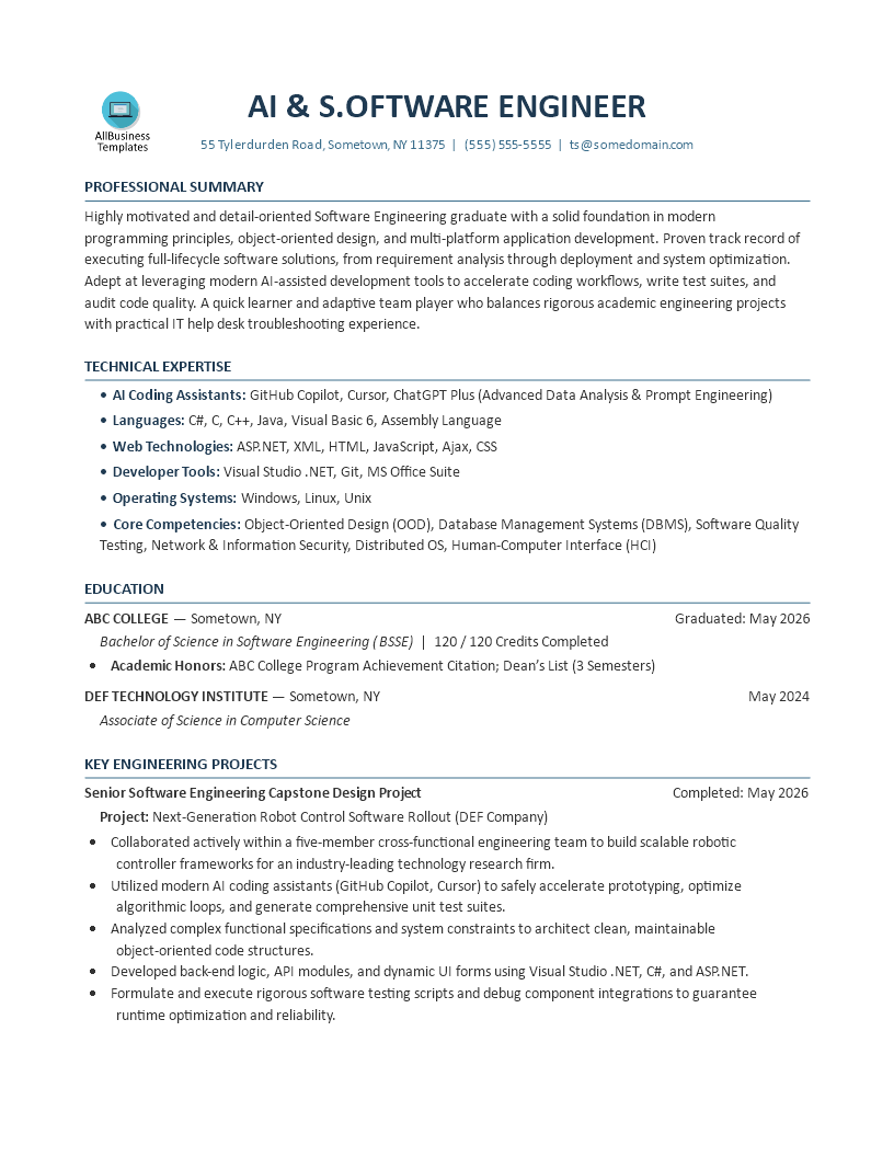 Robot Control Software Engineering Fresher Resume 模板