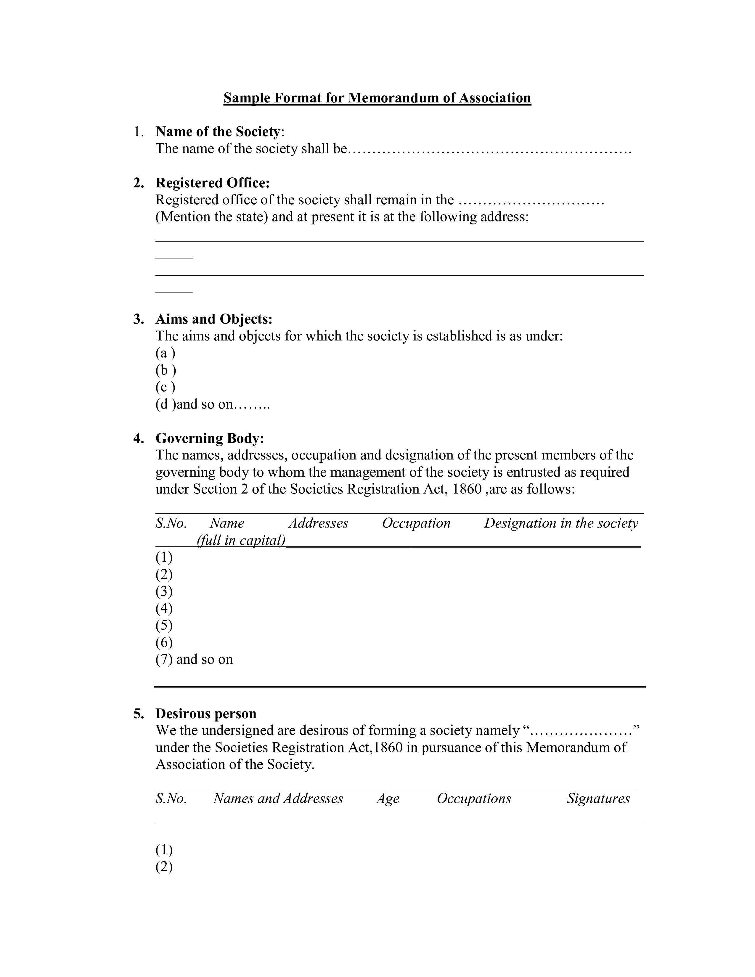 memorandum of association format template