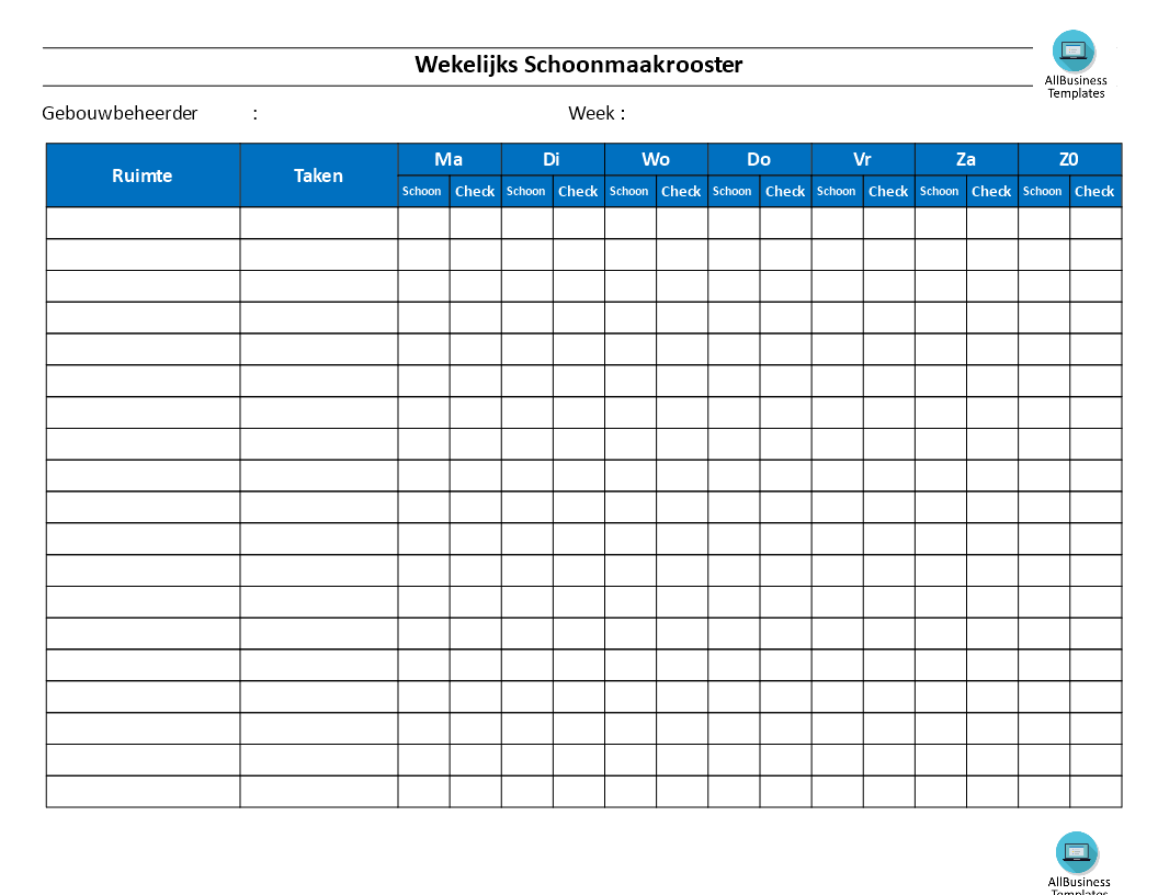 huishouding schoonmaak schema template voorbeeld afbeelding 