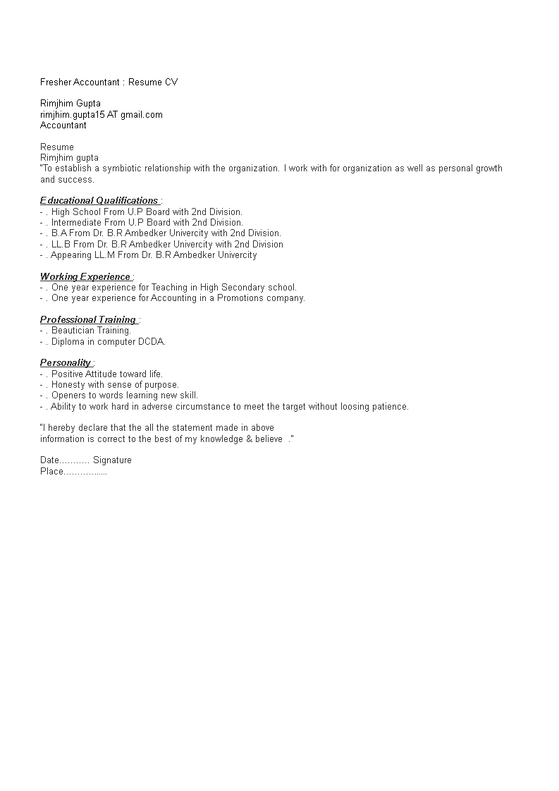 Resume For Accountant Job Fresher 模板