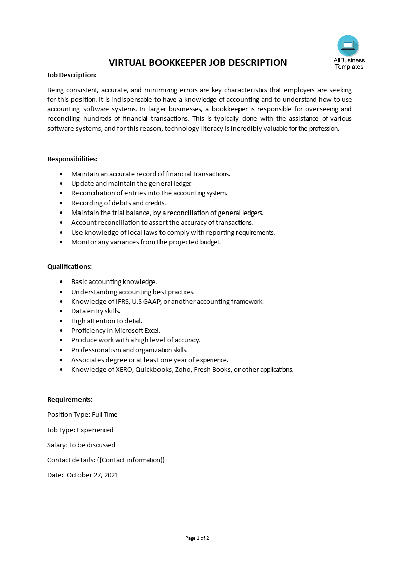 virtual bookkeeper job description plantilla imagen principal