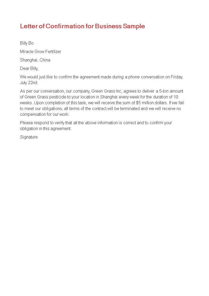 agreement confirmation letter template