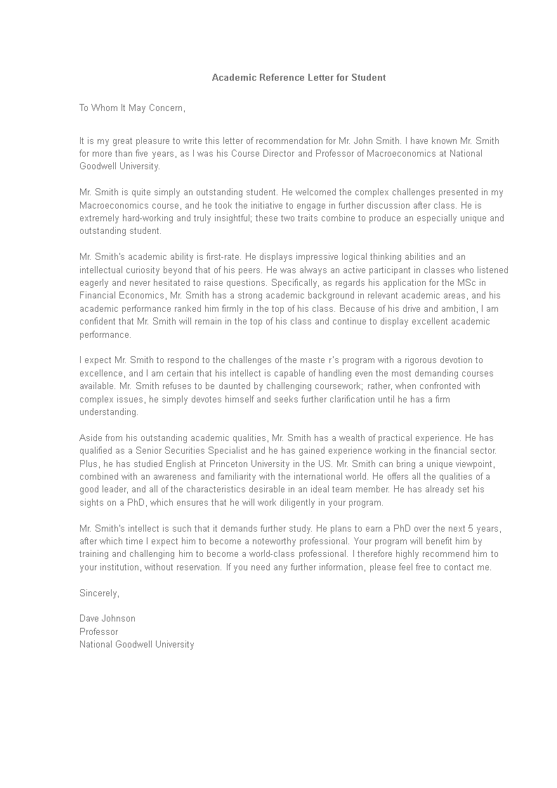 academic reference letter for students template