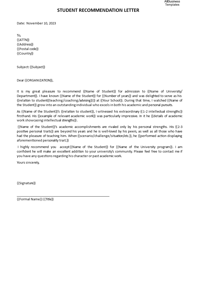 Job Recommendation Letter For Student | Templates at
