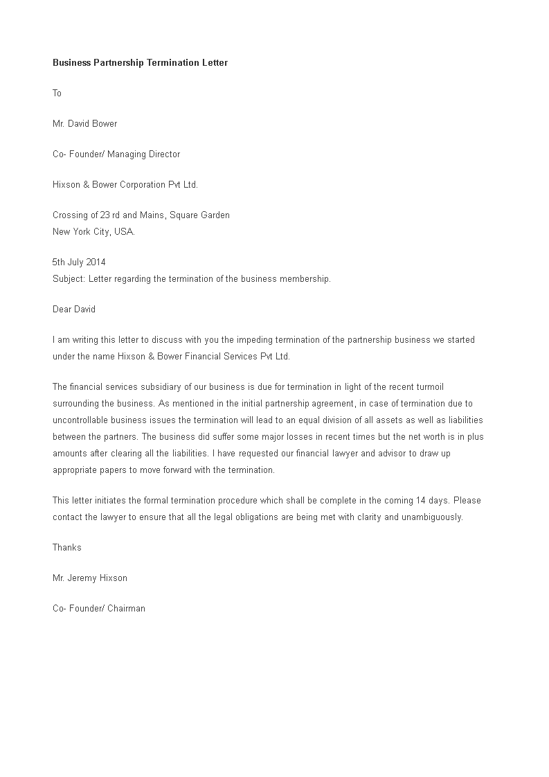 business partnership termination letter template