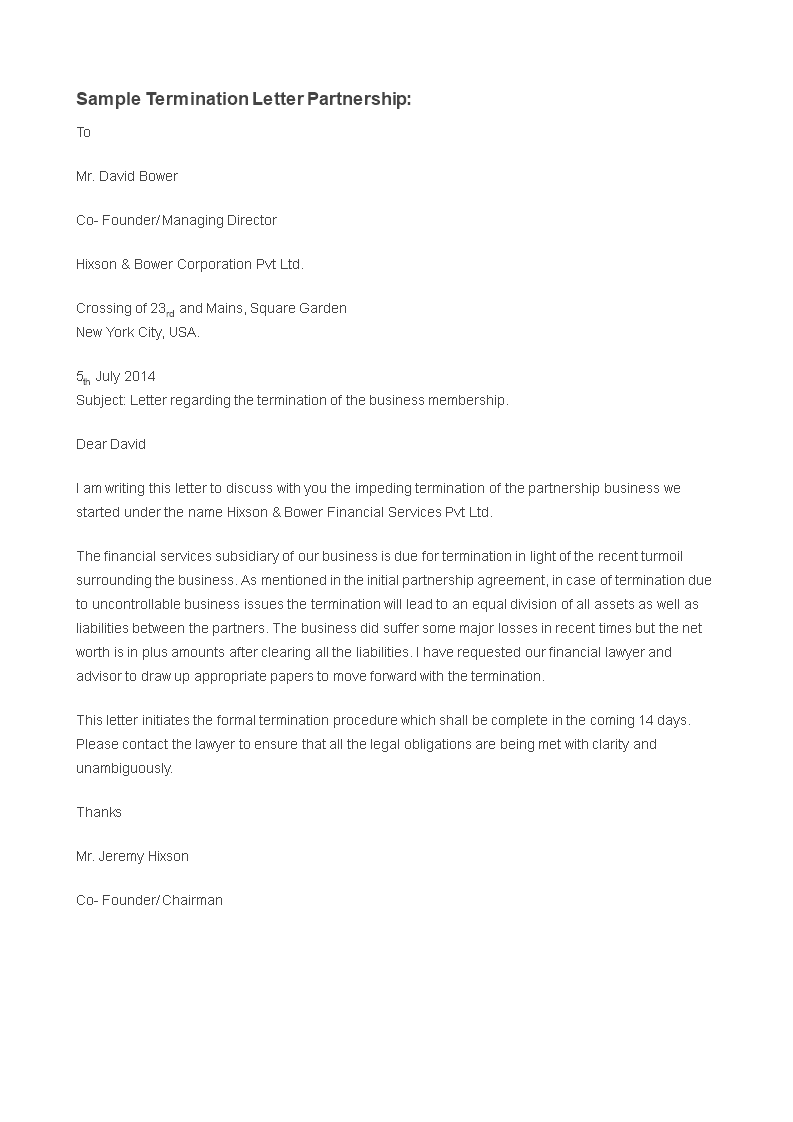 partnership termination letter modèles