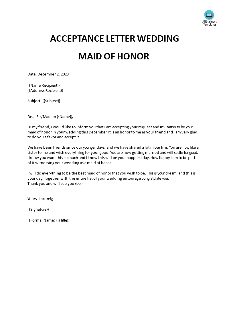 acceptance wedding maid of honor letter template