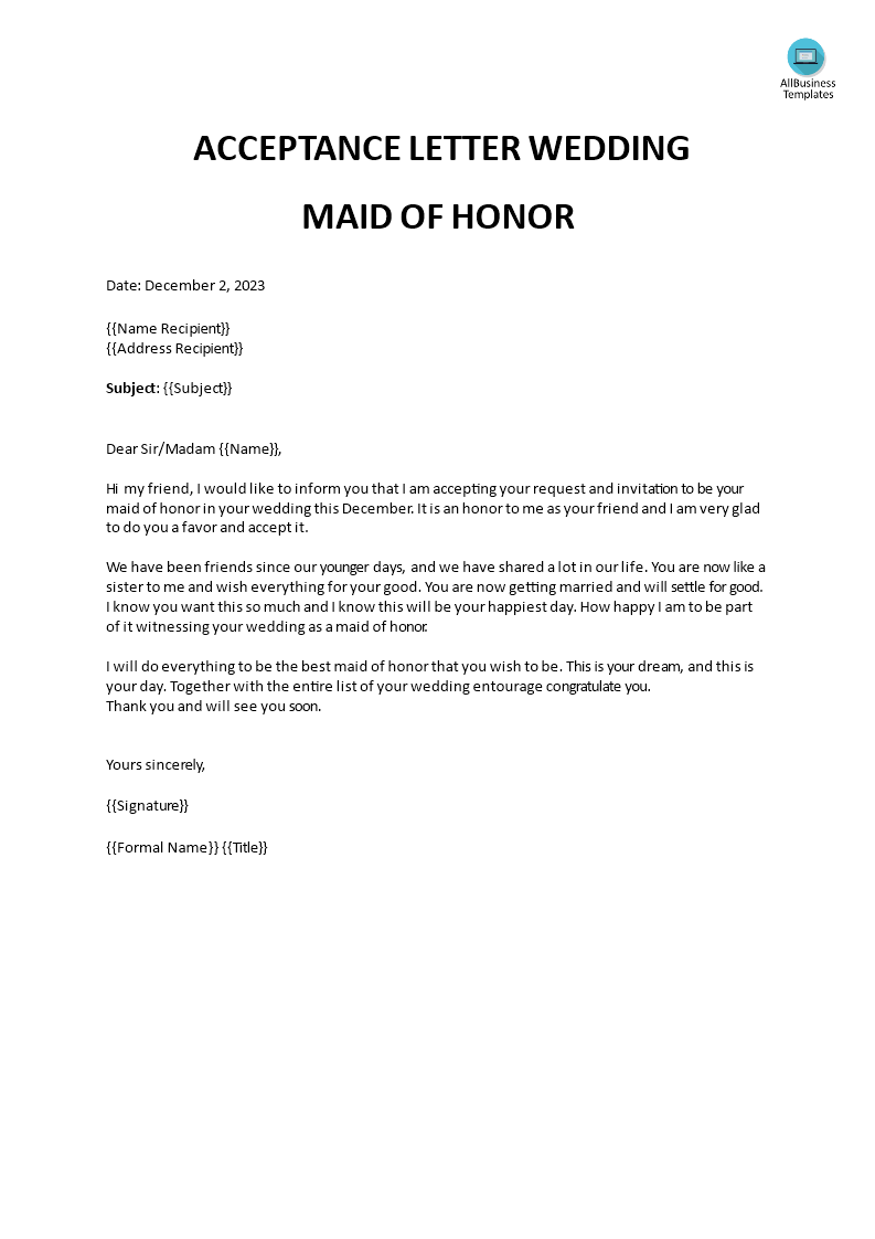 acceptance wedding maid of honor letter Hauptschablonenbild