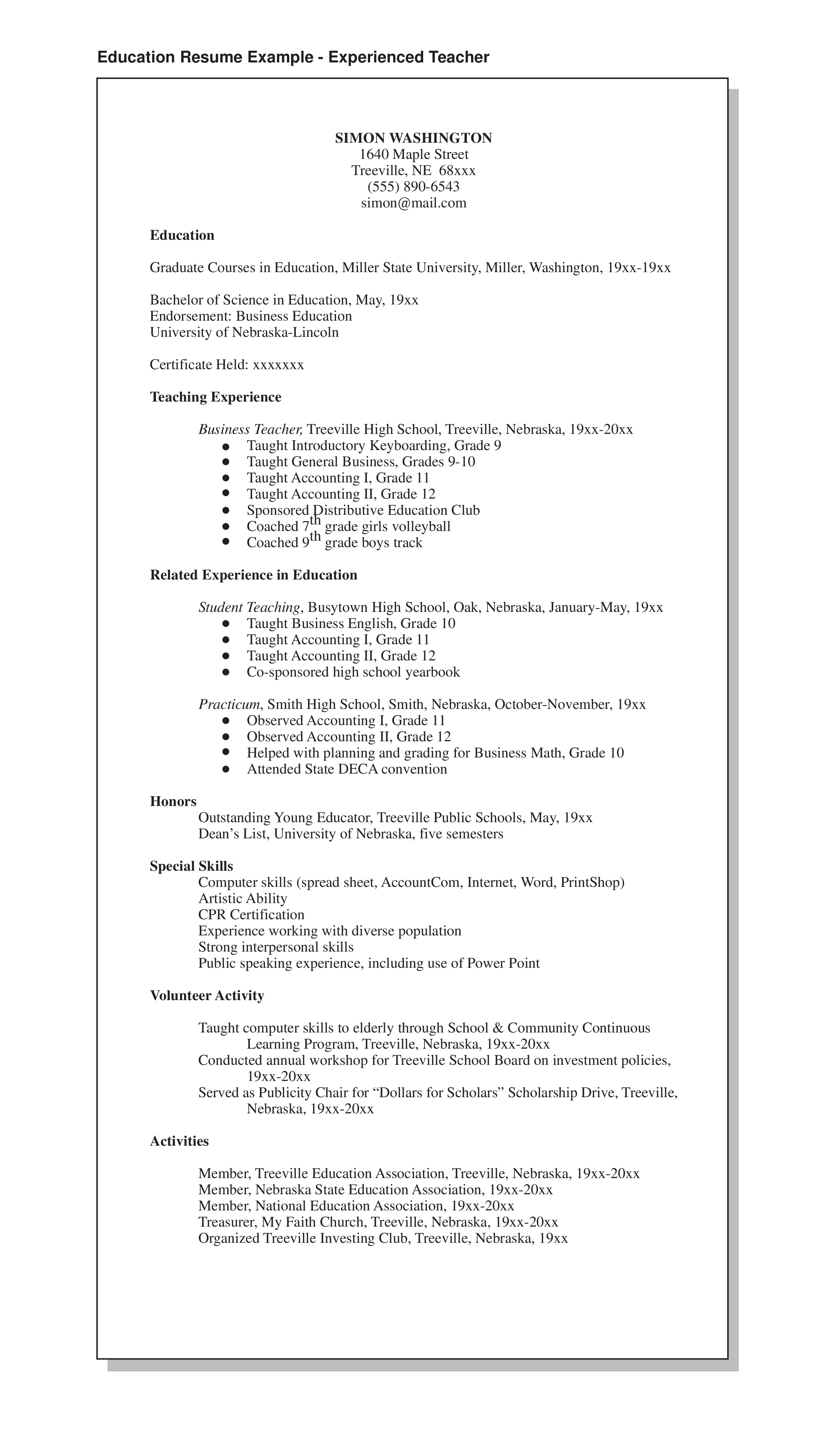 Sample Experienced Teacher Resume main image