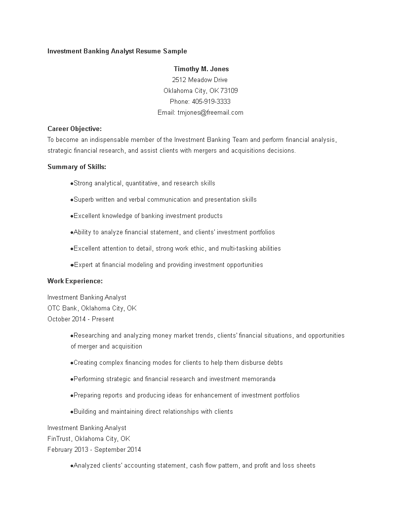 investment banking analyst resume modèles