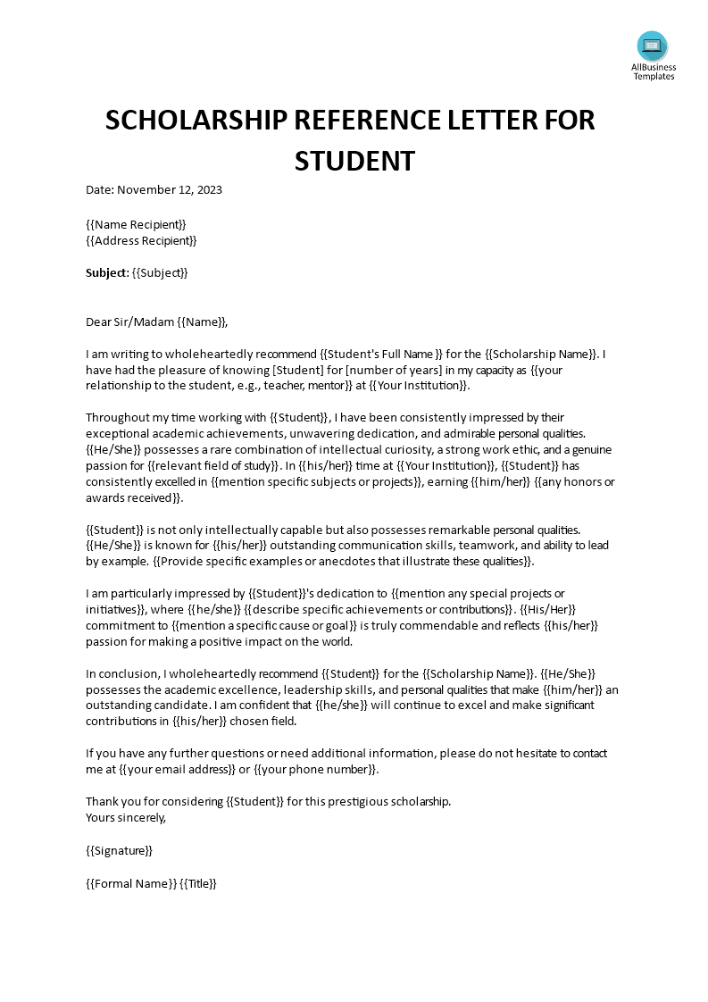 scholarship reference letter for student template