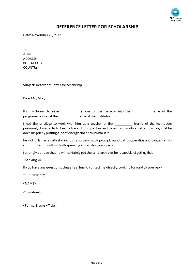 reference letter for scholarship template