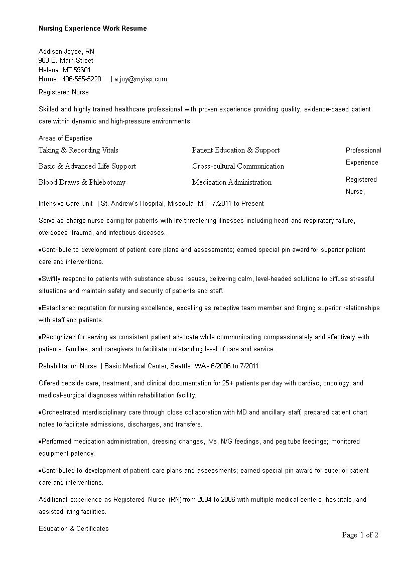 nursing experience work resume template