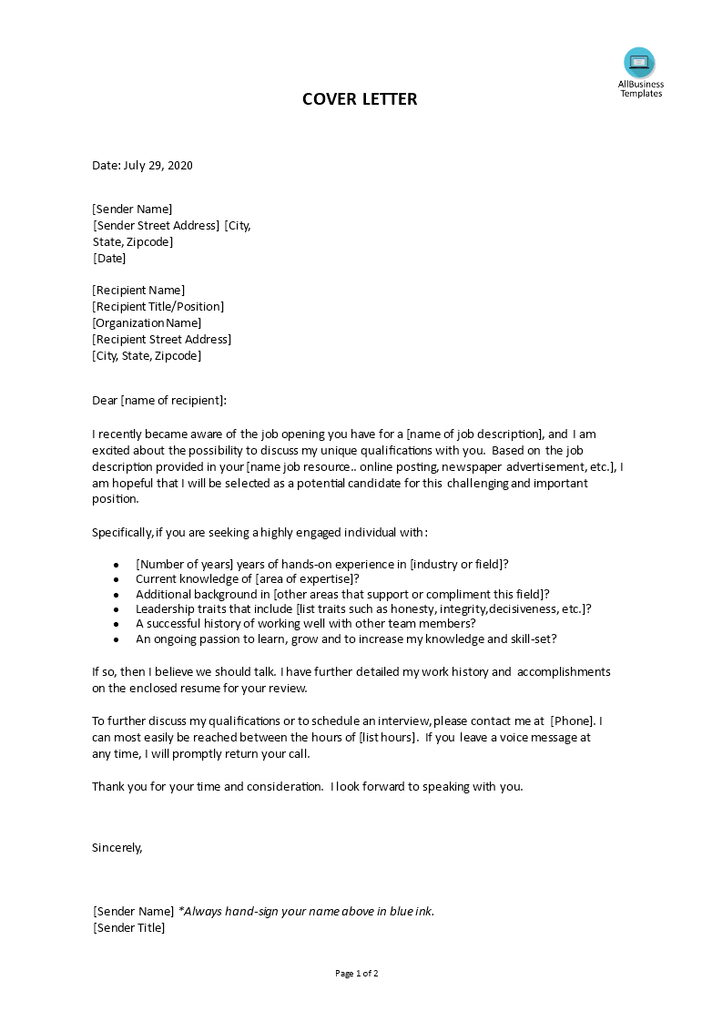 cover letter sample for open position