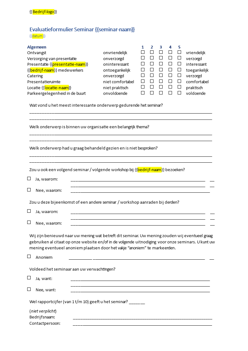 evaluatieformulier seminar voorbeeld Hauptschablonenbild