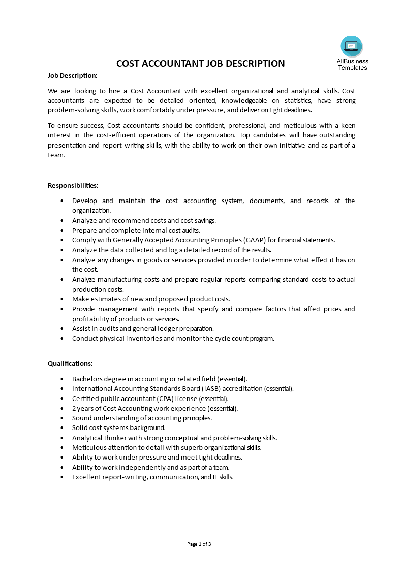 cost accountant job description voorbeeld afbeelding 