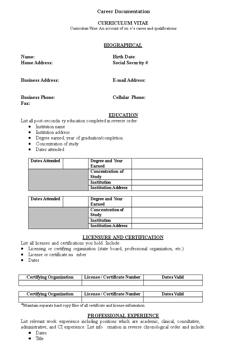 professional business curriculum vitae modèles