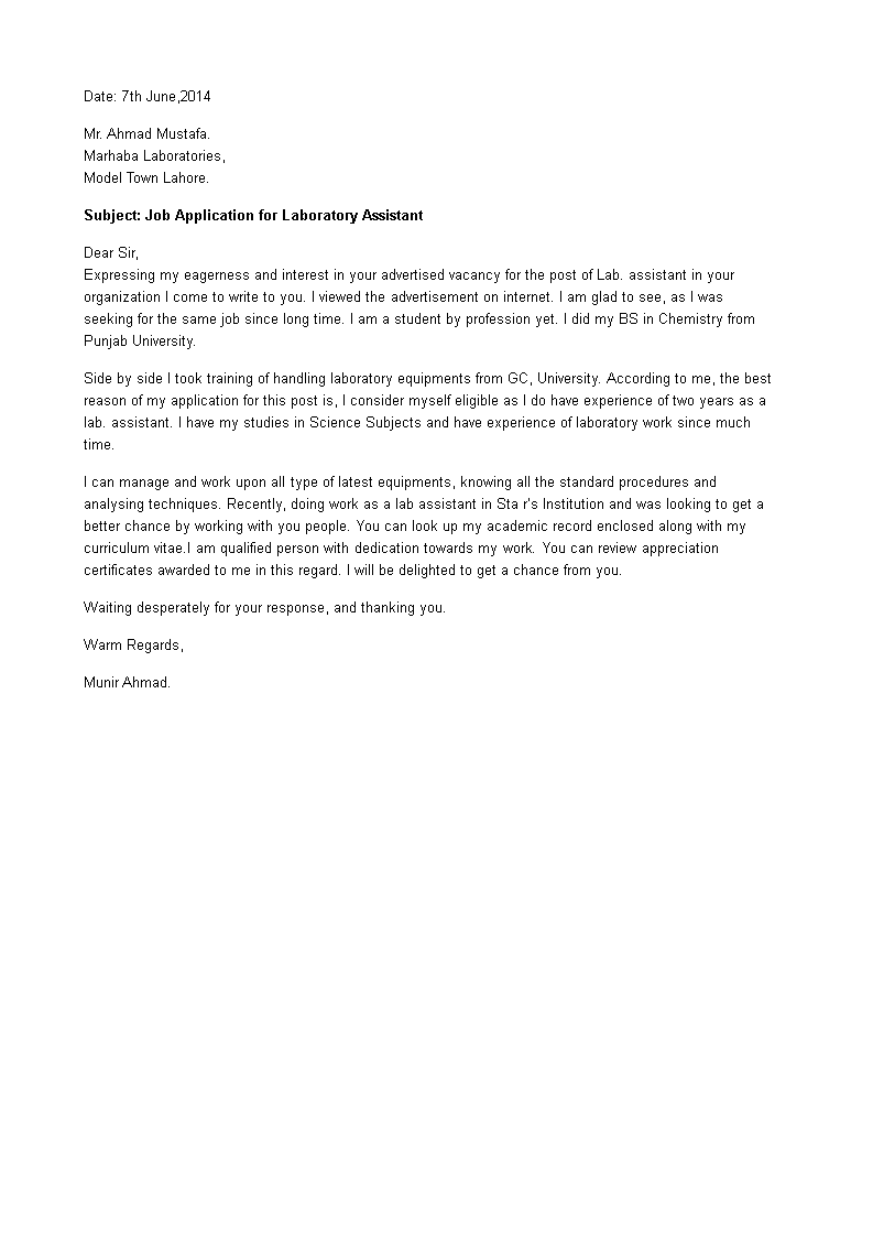 job application letter for lab assistant plantilla imagen principal