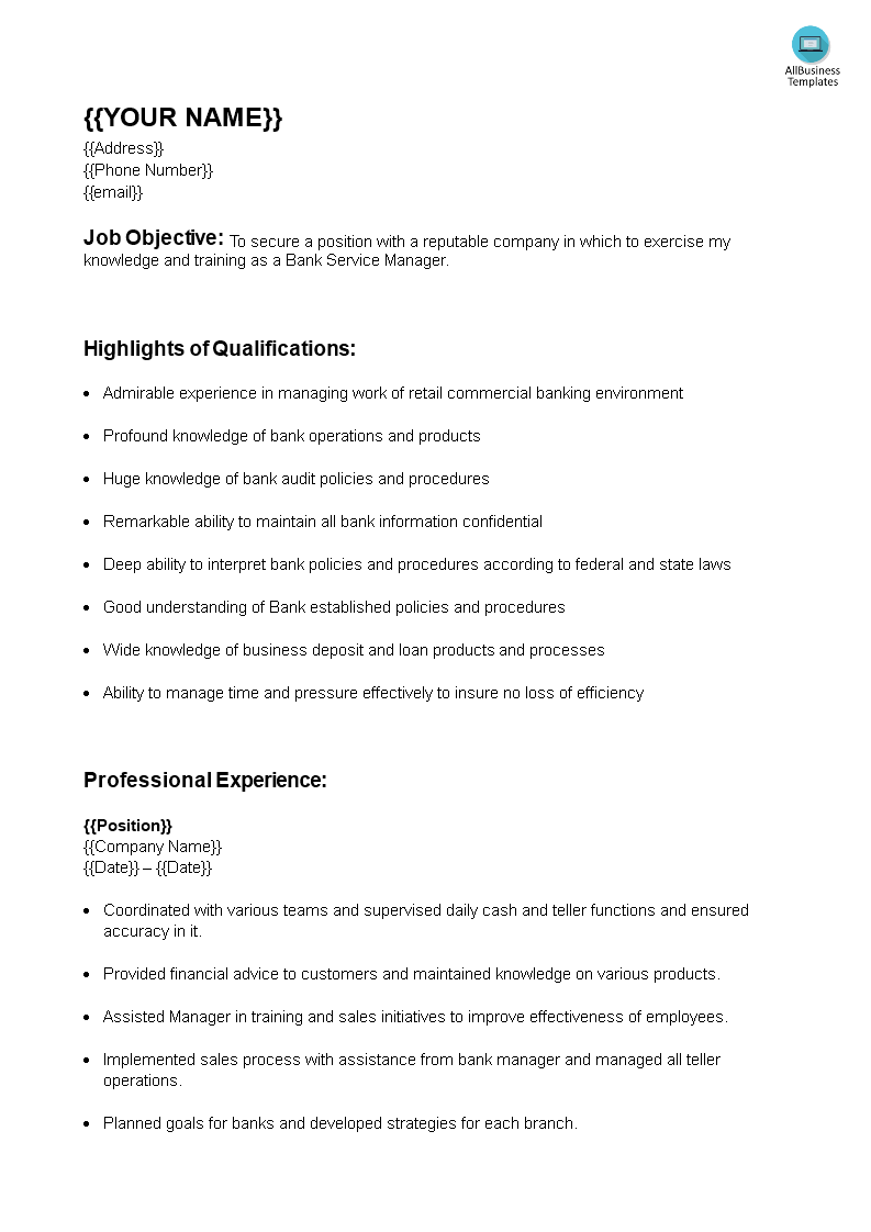 banking customer service manager resume template