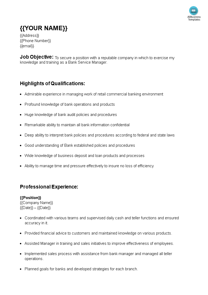 Banking Customer Service Manager Resume 模板