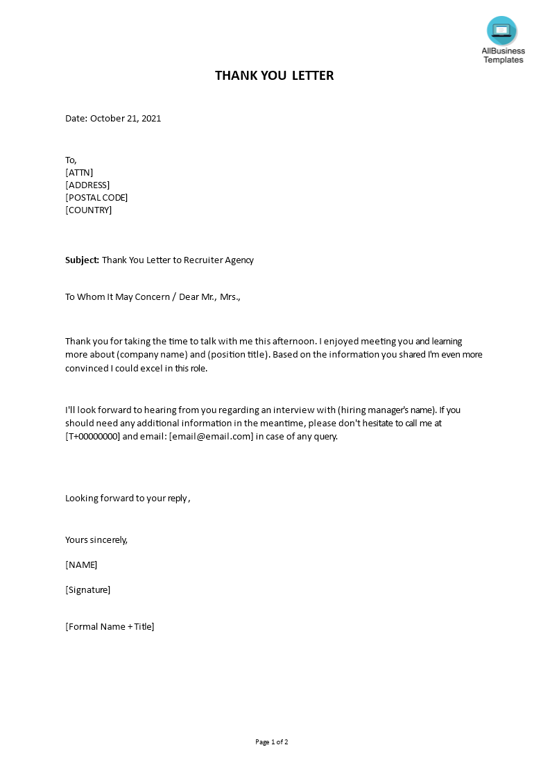 Sample Thank You Letter to Recruiter Agency  Templates at