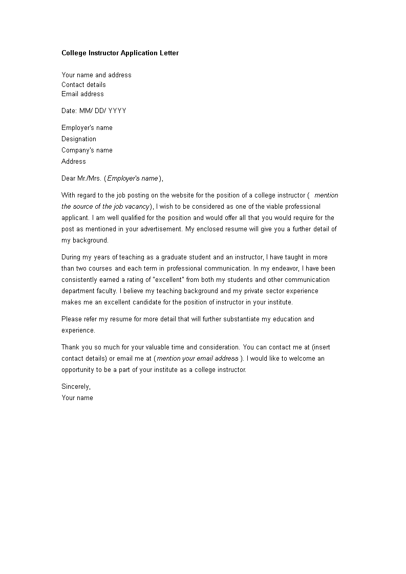 cover letter for college instructor with no experience