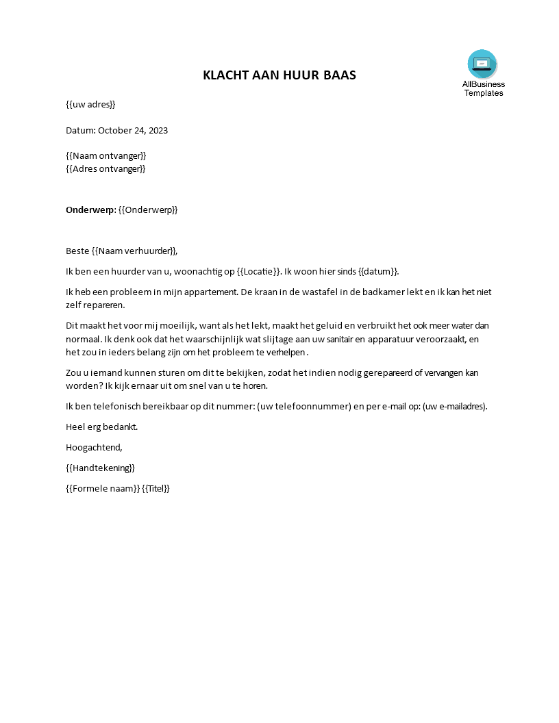 landlord complaint letter from tenant voorbeeld afbeelding 