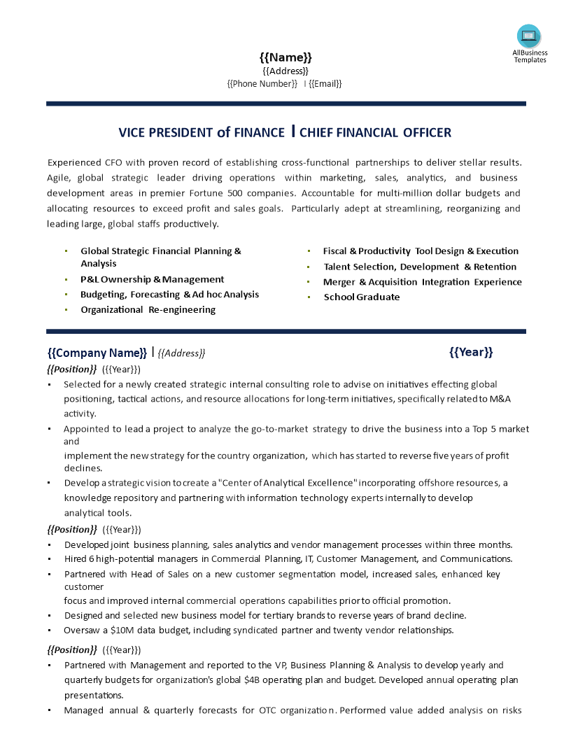 chief finance officer resume modèles
