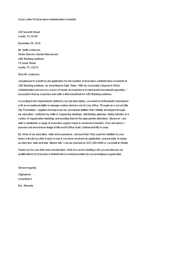 cover letter for executive administrative assistant template voorbeeld afbeelding 