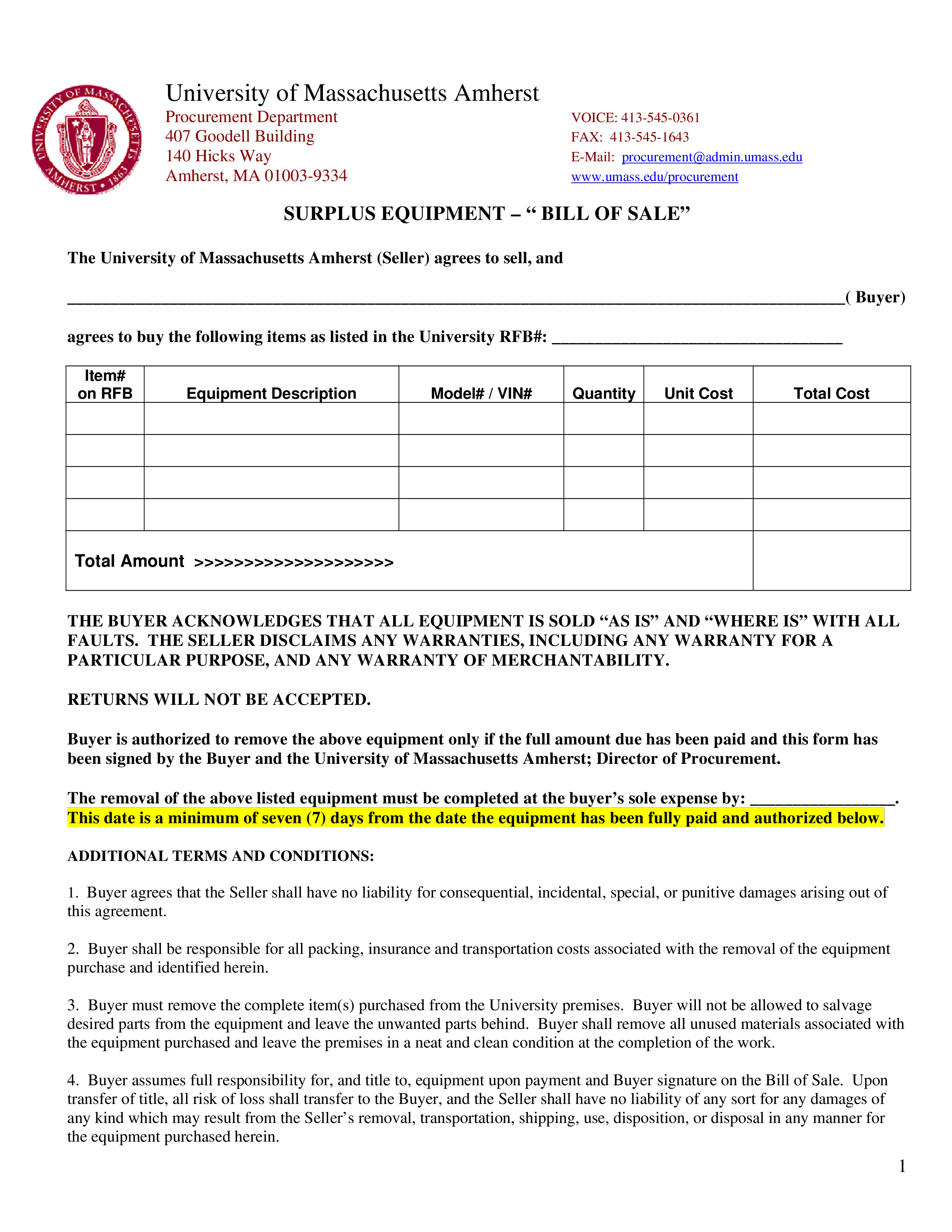 Sale Agreement For Equipment Template