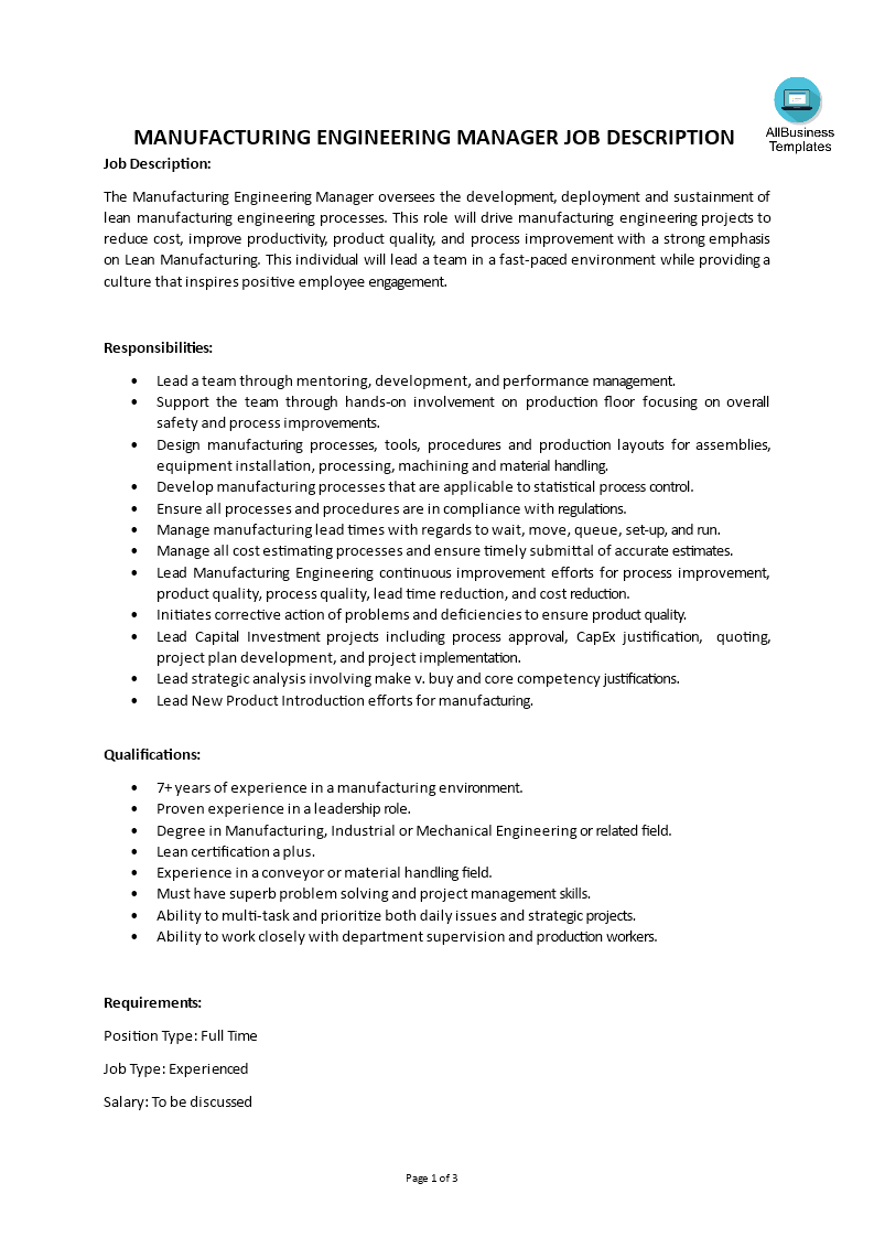 manufacturing engineering manager job description template